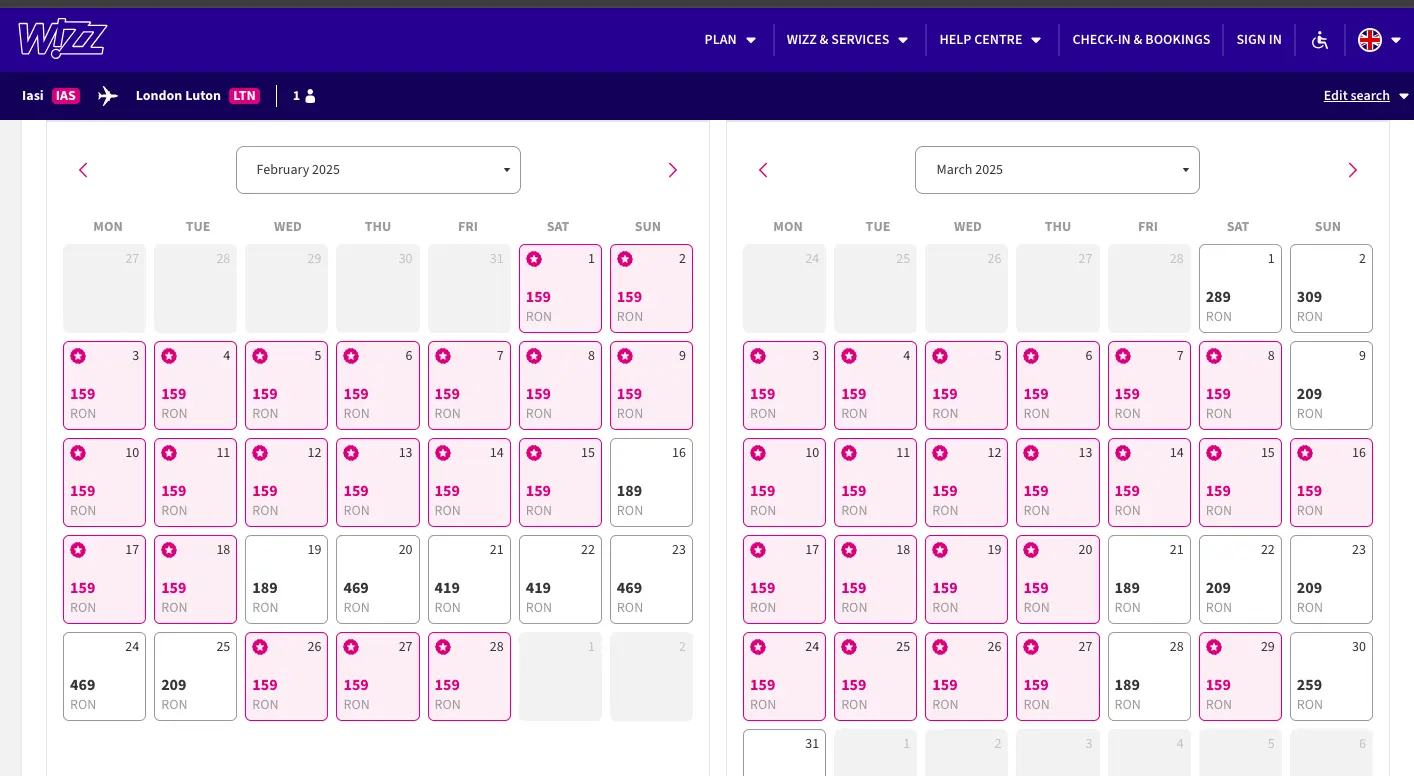 Captură de ecran cu zboruri WizzAir Iași-Londra