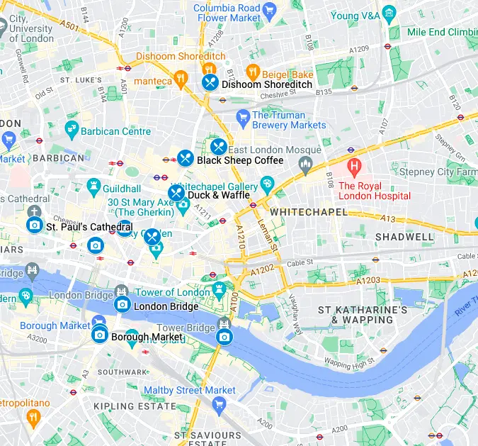 Harta cu atracții turistice pentru zona London Bridge și City of London