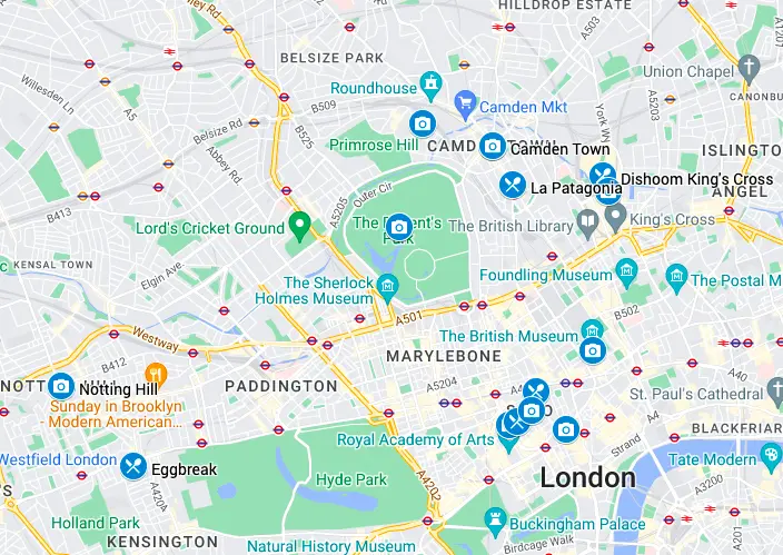 Harta cu atracții turistice pentru zona Camden Town și King Cross