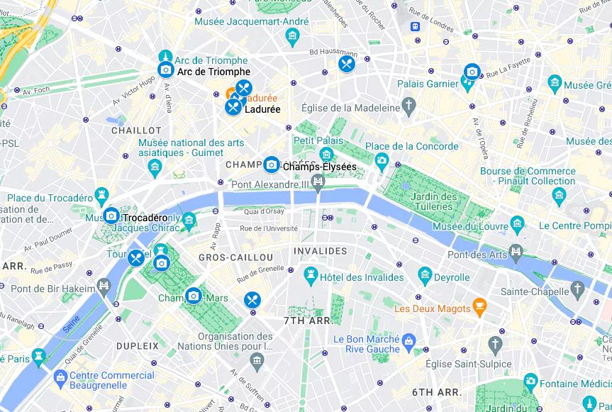 Harta cu atracții turistice pentru zona Champs Elysee