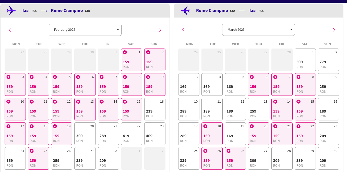 Captură de ecran cu zboruri WizzAir Iași-Roma