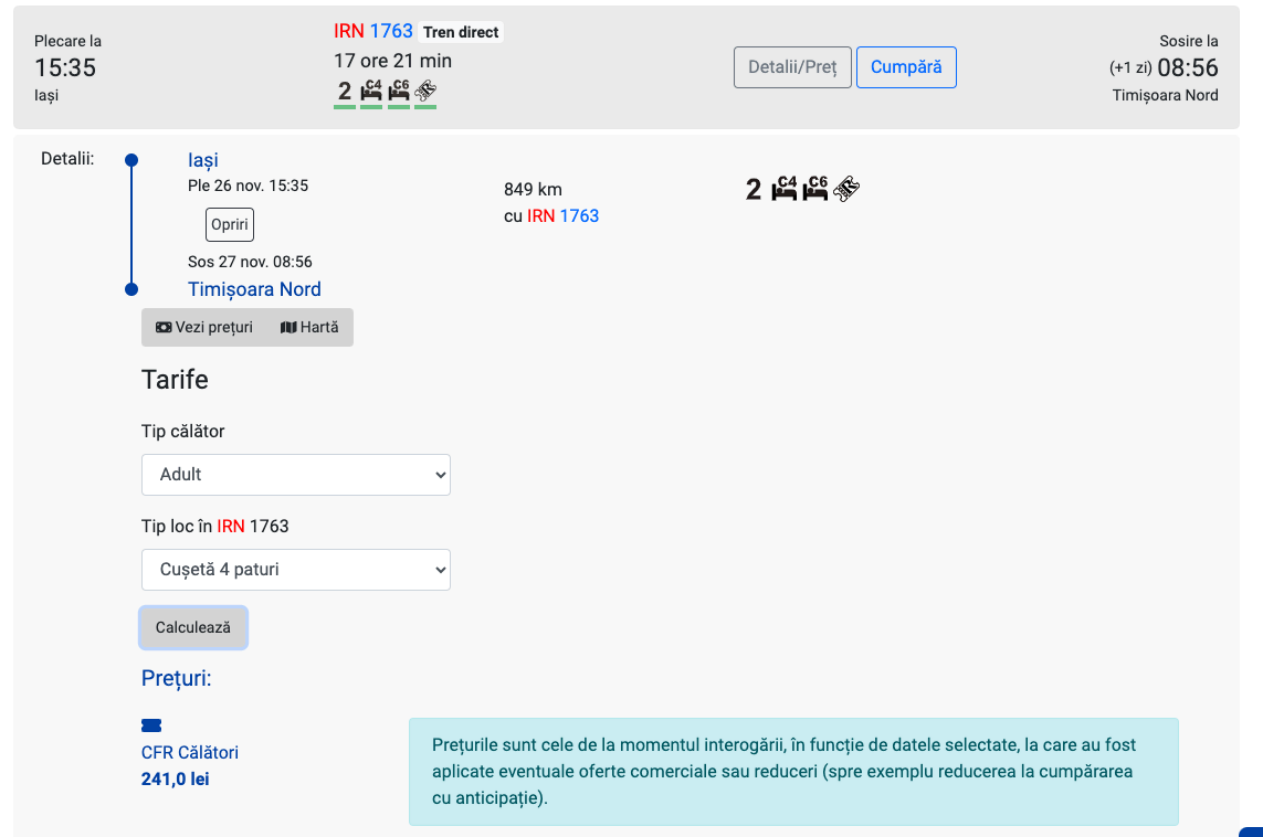 Captură de ecran cu bilet Cfr Călători Iași-Timișoara