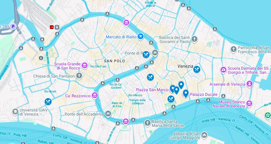 Harta cu atracții turistice pentru zona San Marco