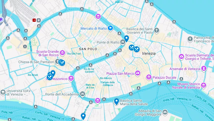 Harta cu atracții turistice pentru zona Dorsoduro