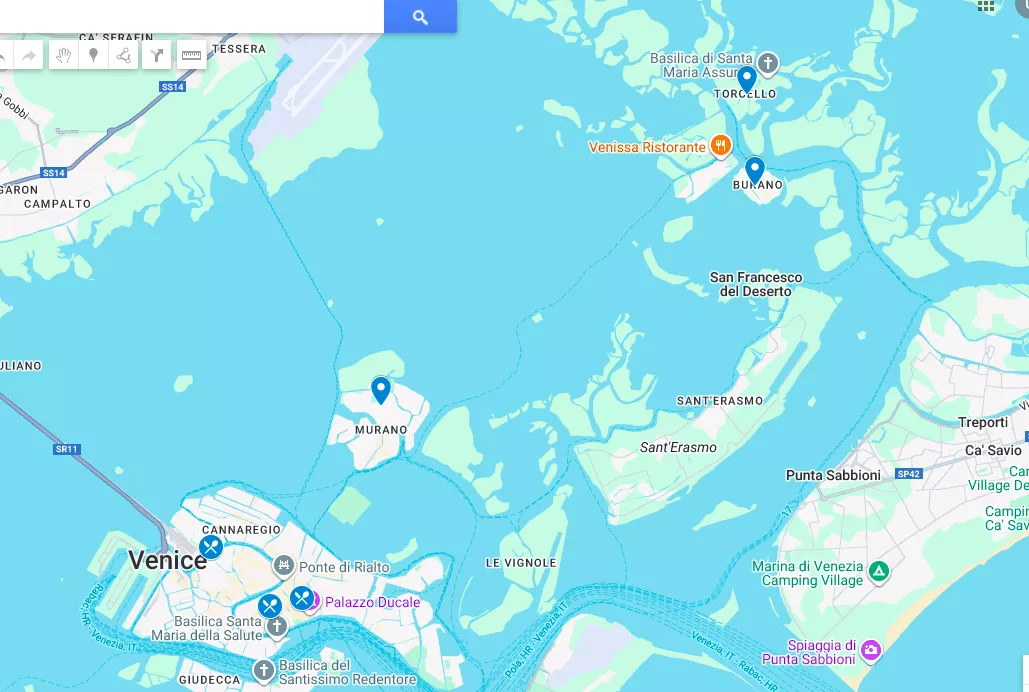 Harta cu atracții turistice pentru Murano, Burano și Torcello