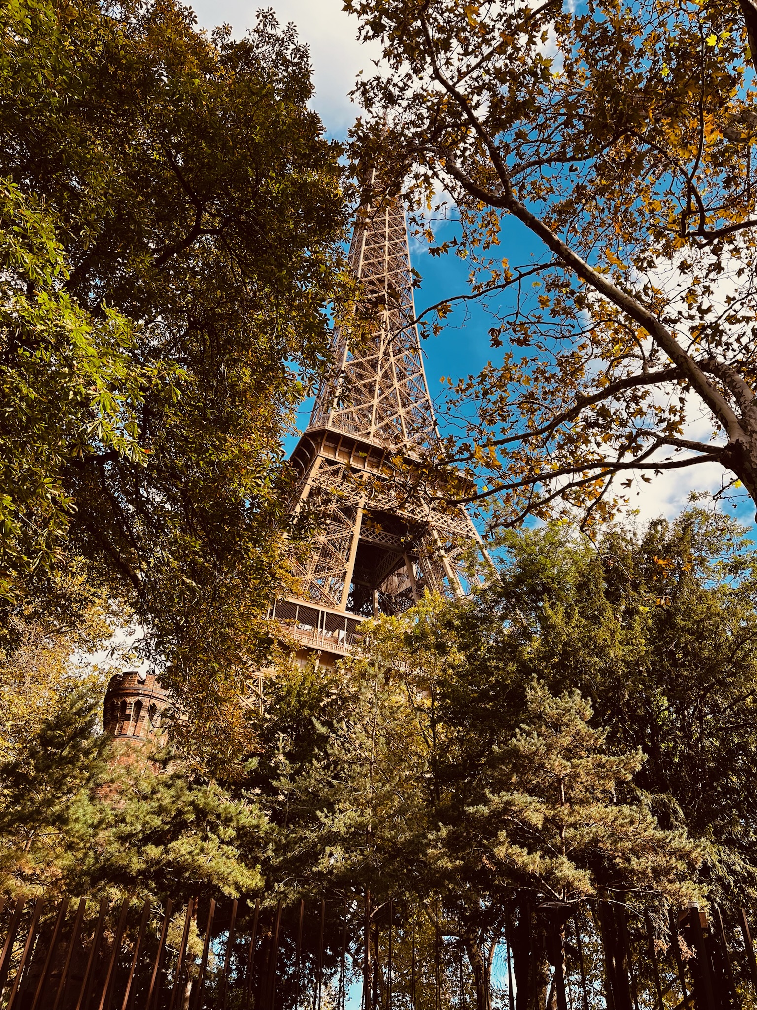 Turnul Eiffel văzut din parcul Champ de Mars