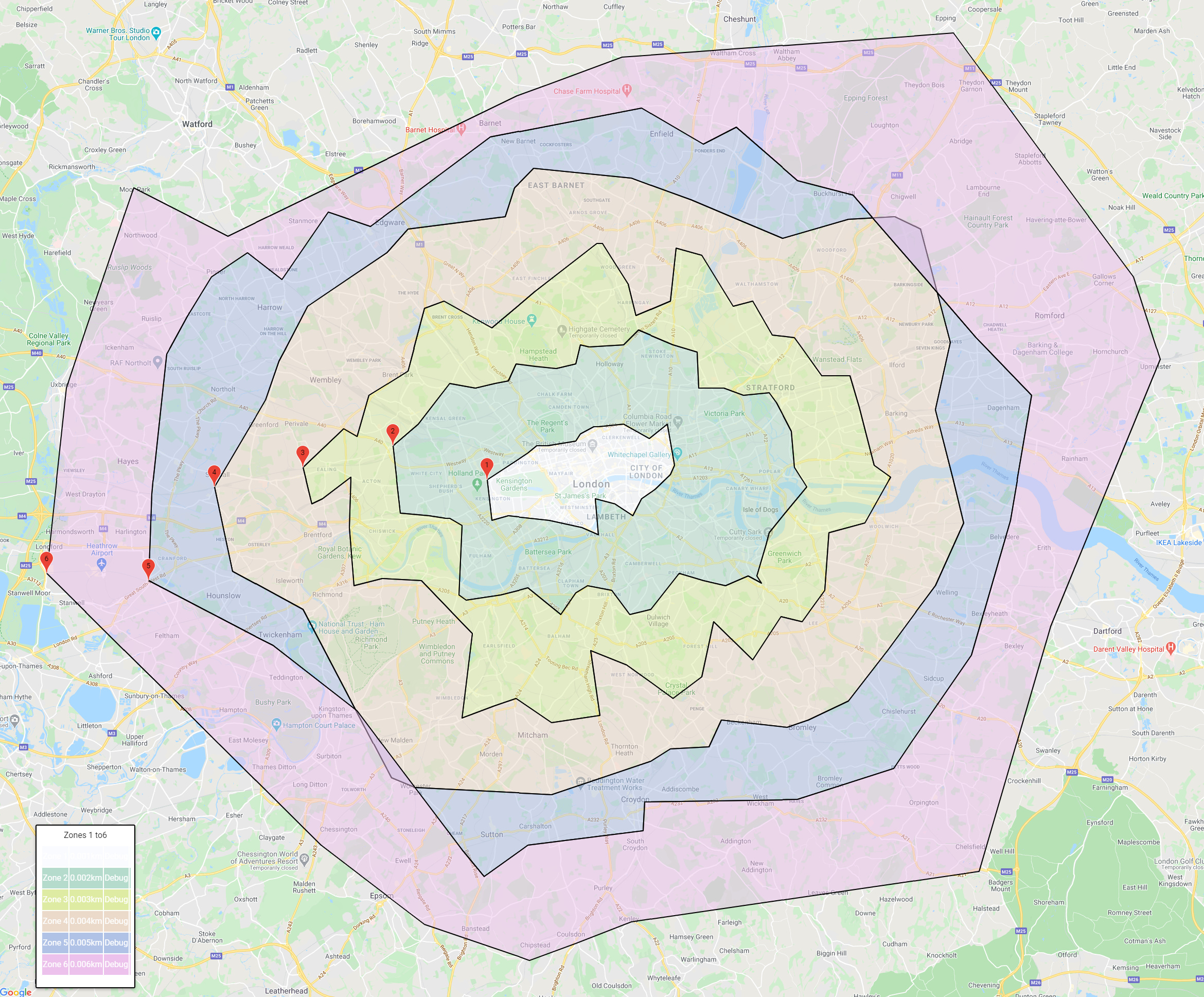 Harta Londrei împărțită pe zone